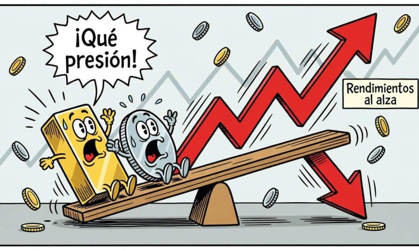 Oro y plata caen 3,34% y 5,1%: rendimientos de bonos presionan metales